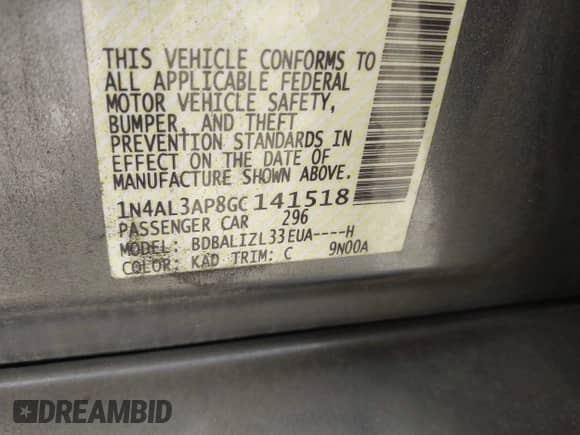 2016 Nissan Altima S with VIN 1N4AL3AP8GC141518, listed as a IAAI auction lot 43413003 with 179,142 mi miles and . Bid and sale history available at DreamBid. Image 9.