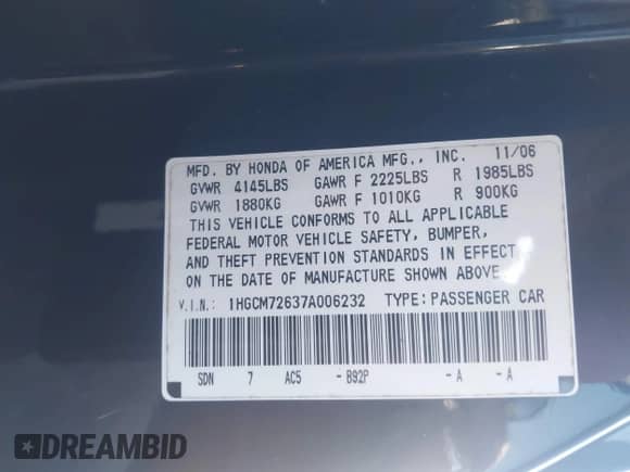 2007 Honda Accord EX-L с VIN 1HGCM72637A006232, выставлен на аукционе IAAI как лот 43073664 с пробегом 256 612 миль миль и . История ставок и продаж доступна на DreamBid. Изображение 9.