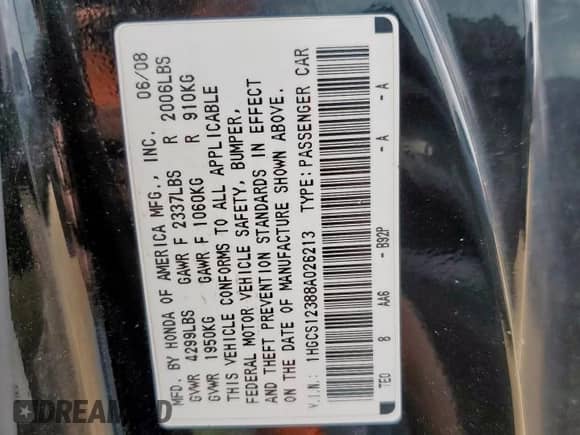 2008 Honda Accord LX-S with VIN 1HGCS12388A026213, listed as a Copart auction lot 66049275 with 208,112 mi miles and Clean title. Bid and sale history available at DreamBid. Image 12.