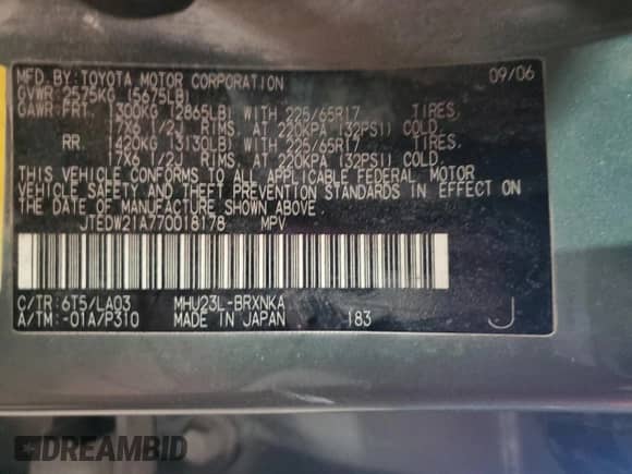 2007 Toyota Highlander w/3rd Row с VIN JTEDW21A770018178, выставлен на аукционе Copart как лот 90467245 с пробегом 188 270 миль миль и Чистый • Clean title. История ставок и продаж доступна на DreamBid. Изображение 13.