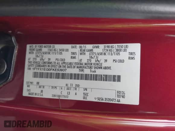 2015 Ford F-150 XLT z VIN 1FTFX1EG0FKE53937, wystawiony jako IAAI lot #43238741 z przebiegiem 93 048 mil mil oraz . Historia ofert i sprzedaży dostępna na DreamBid. Obrazek 9.