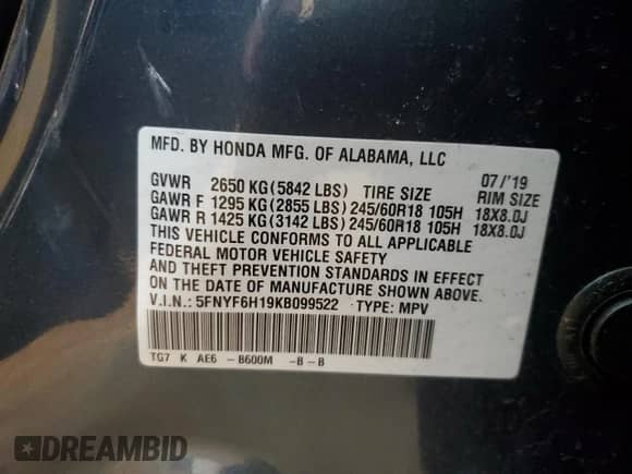 2019 Honda Pilot LX с VIN 5FNYF6H19KB099522, выставлен на аукционе Copart как лот 69845625 с пробегом Не указан миль и Списание • Salvage title. История ставок и продаж доступна на DreamBid. Изображение 13.