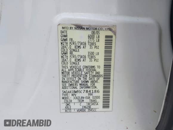 2005 Nissan Pathfinder SE с VIN 5N1AR18W95C784186, выставлен на аукционе IAAI как лот 42124382 с пробегом 223 897 миль миль и . История ставок и продаж доступна на DreamBid. Изображение 9.