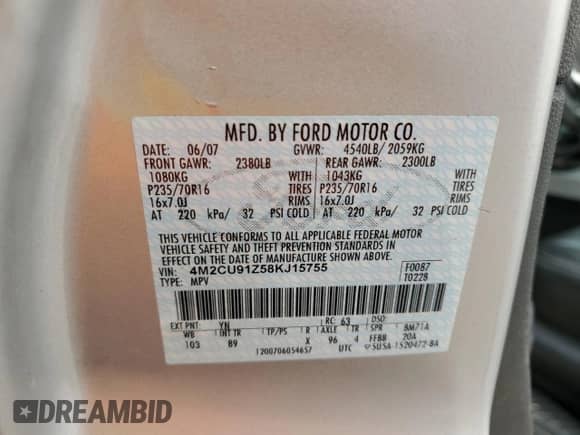 2008 Mercury Mariner with VIN 4M2CU91Z58KJ15755, listed as a Copart auction lot 50168565 with 130,883 mi miles and Salvage title. Bid and sale history available at DreamBid. Image 15.