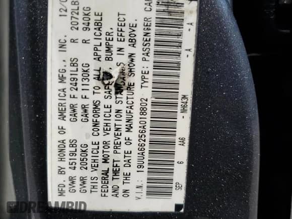 2006 Acura TL with VIN 19UUA66256A018802, listed as a Copart auction lot 61625625 with 154,182 mi miles and Salvage title. Bid and sale history available at DreamBid. Image 12.