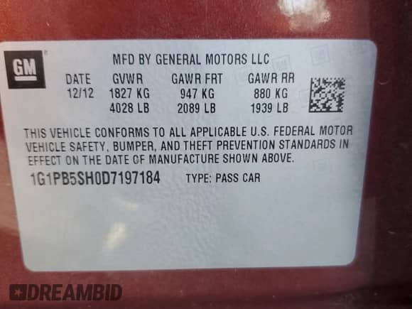 2013 Chevrolet Cruze LS с VIN 1G1PB5SH0D7197184, выставлен на аукционе Copart как лот 68152675 с пробегом 112 707 миль миль и Списание • Salvage title. История ставок и продаж доступна на DreamBid. Изображение 12.