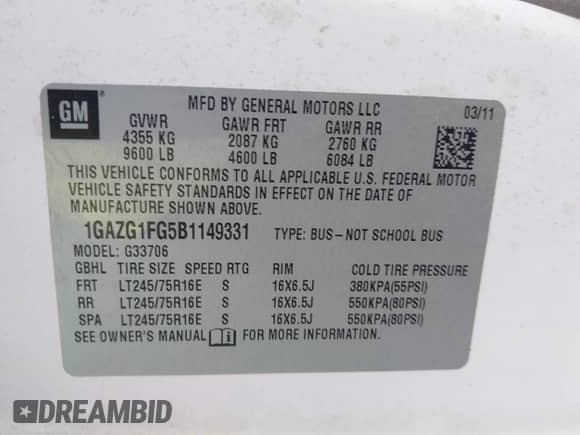 2011 Chevrolet Express Passenger 1LT с VIN 1GAZG1FG5B1149331, выставлен на аукционе IAAI как лот 42550417 с пробегом 132 390 миль миль и . История ставок и продаж доступна на DreamBid. Изображение 9.