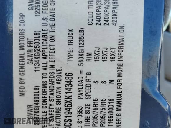 1999 Chevrolet S-10 LS z VIN 1GCCS1946XK143486, wystawiony jako Copart lot #76310914 z przebiegiem 154 399 mil mil oraz Szkoda całkowita • Salvage title. Historia ofert i sprzedaży dostępna na DreamBid. Obrazek 12.