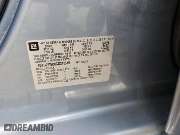 2016 GMC Sierra 1500 SLE с VIN 3GTU2MEC0GG310516, выставлен на аукционе Copart как лот 58352725 с пробегом 193 634 миль миль и Списание • Salvage title. История ставок и продаж доступна на DreamBid. Изображение 12.