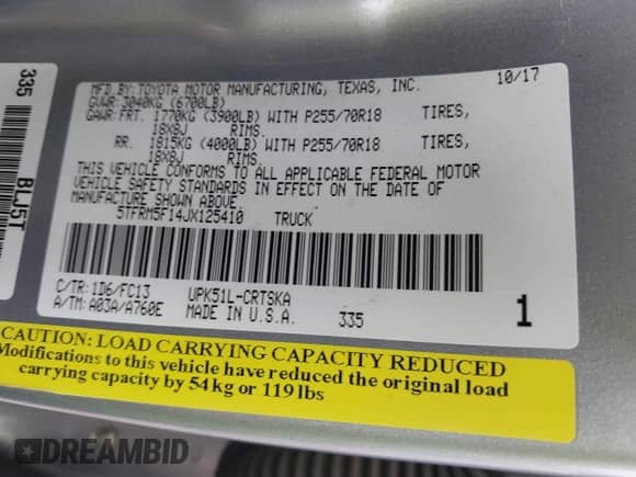 2018 Toyota Tundra SR5 z VIN 5TFRM5F14JX125410, wystawiony jako IAAI lot #43474801 z przebiegiem 177 267 mil mil oraz . Historia ofert i sprzedaży dostępna na DreamBid. Obrazek 9.