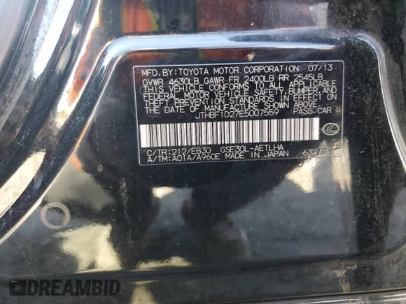 2014 Lexus IS 250 с VIN JTHBF1D27E5007559, выставлен на аукционе Copart как лот 69321325 с пробегом 250 215 миль миль и Списание • Salvage title. История ставок и продаж доступна на DreamBid. Изображение 12.