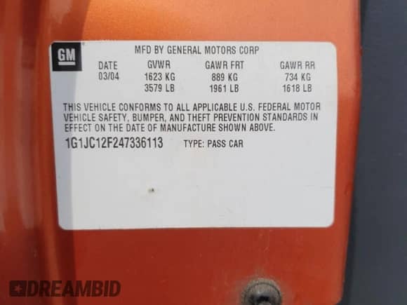 2004 Chevrolet Cavalier с VIN 1G1JC12F247336113, выставлен на аукционе Copart как лот 59190885 с пробегом 72 466 миль миль и Чистый • Clean title. История ставок и продаж доступна на DreamBid. Изображение 13.