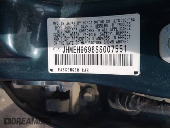 1995 Honda Civic with VIN JHMEH9696SS007551, listed as a IAAI auction lot 42476617 with 193,419 mi miles and . Bid and sale history available at DreamBid. Image 9.