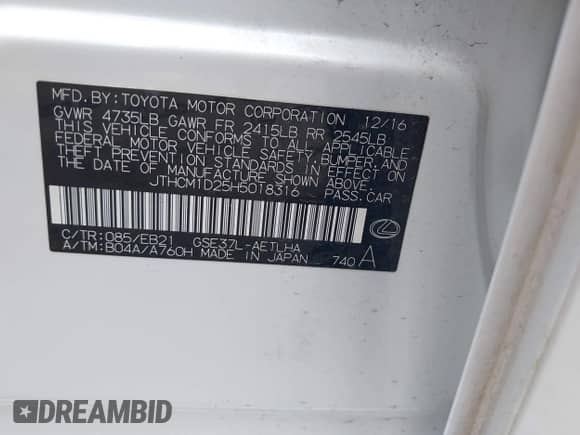 2017 Lexus IS 300 with VIN JTHCM1D25H5018316, listed as a IAAI auction lot 42612953 with 72,372 mi miles and . Bid and sale history available at DreamBid. Image 9.