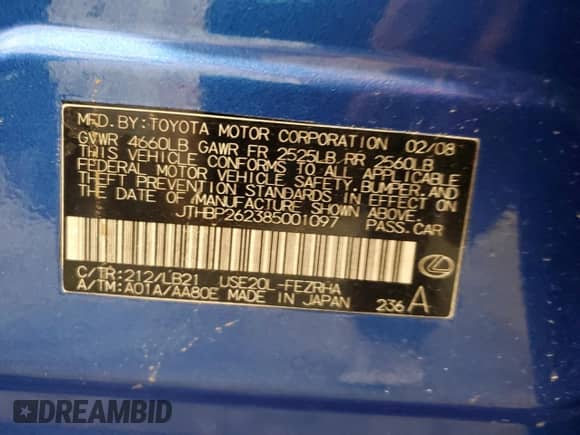 2008 Lexus IS F с VIN JTHBP262385001097, выставлен на аукционе Copart как лот 69473875 с пробегом 108 346 миль миль и Чистый • Clean title. История ставок и продаж доступна на DreamBid. Изображение 12.