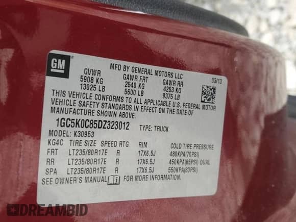 2013 Chevrolet Silverado 3500HD LTZ с VIN 1GC5K0C85DZ323012, выставлен на аукционе Copart как лот 57139605 с пробегом 187 362 миль миль и На запчасти • Non repairable. История ставок и продаж доступна на DreamBid. Изображение 12.