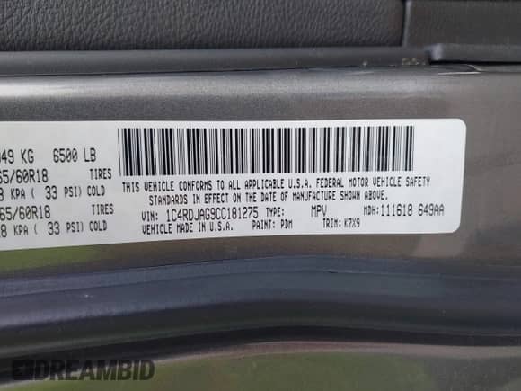 2012 Dodge Durango SXT with VIN 1C4RDJAG9CC181275, listed as a IAAI auction lot 42760696 with 211,805 mi miles and . Bid and sale history available at DreamBid. Image 9.