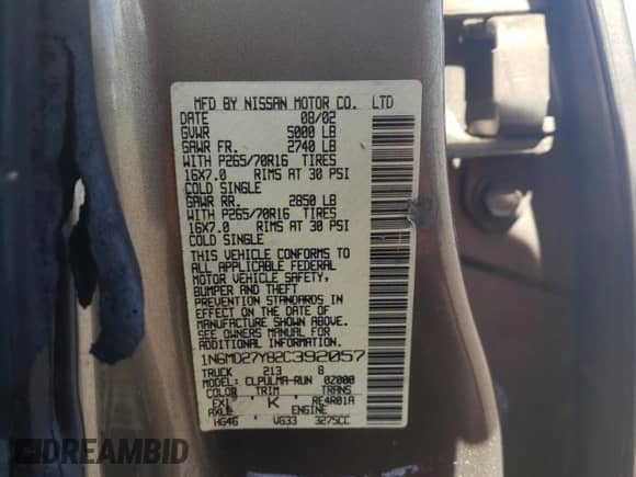 2002 Nissan Frontier SVE с VIN 1N6MD27Y82C392057, выставлен на аукционе Copart как лот 63640405 с пробегом 167 092 миль миль и Чистый • Clean title. История ставок и продаж доступна на DreamBid. Изображение 12.