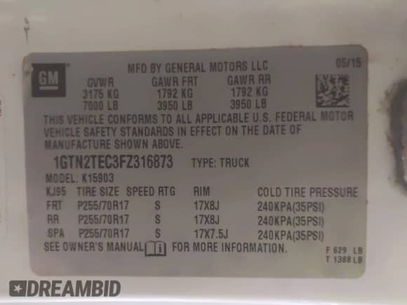 2015 GMC Sierra 1500 с VIN 1GTN2TEC3FZ316873, выставлен на аукционе IAAI как лот 41451809 с пробегом 153 389 миль миль и . История ставок и продаж доступна на DreamBid. Изображение 9.