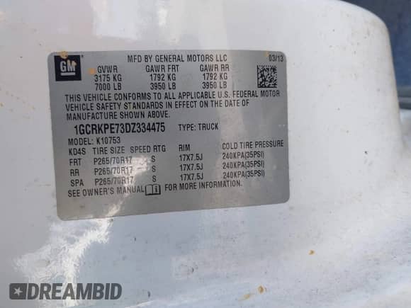 2013 Chevrolet Silverado 1500 Work Truck z VIN 1GCRKPE73DZ334475, wystawiony jako IAAI lot #43386916 z przebiegiem 161 462 mil mil oraz . Historia ofert i sprzedaży dostępna na DreamBid. Obrazek 9.