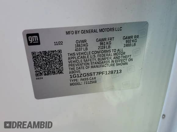 2023 Chevrolet Malibu RS с VIN 1G1ZG5ST7PF128713, выставлен на аукционе Copart как лот 67169955 с пробегом 20 586 миль миль и На запчасти • Non repairable. История ставок и продаж доступна на DreamBid. Изображение 12.