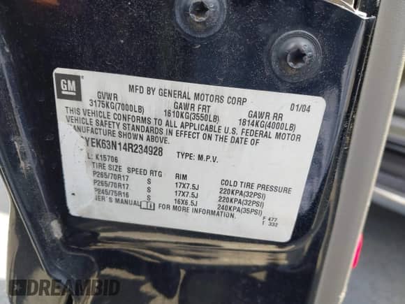 2004 Cadillac Escalade z VIN 1GYEK63N14R234928, wystawiony jako IAAI lot #43195673 z przebiegiem 73 814 mil mil oraz . Historia ofert i sprzedaży dostępna na DreamBid. Obrazek 9.