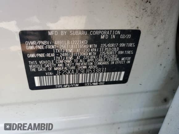 2020 Subaru Forester Premium с VIN JF2SKAJC9LH533831, выставлен на аукционе Copart как лот 85289975 с пробегом 98 833 миль миль и Списание • Salvage title. История ставок и продаж доступна на DreamBid. Изображение 13.