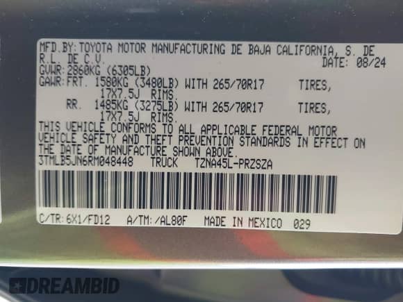 2024 Toyota Tacoma SR5 with VIN 3TMLB5JN6RM048448, listed as a IAAI auction lot 41005722 with 1,562 mi miles and . Bid and sale history available at DreamBid. Image 9.