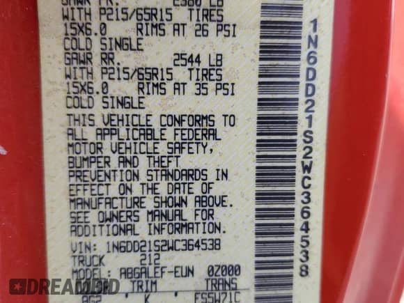 1998 Nissan Frontier XE z VIN 1N6DD21S2WC364538, wystawiony jako Copart lot #62867545 z przebiegiem 261 987 mil mil oraz Szkoda całkowita • Salvage title. Historia ofert i sprzedaży dostępna na DreamBid. Obrazek 12.