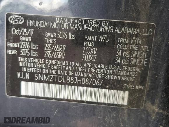 2018 Hyundai Santa Fe 2.4L with VIN 5NMZTDLB8JH087067, listed as a Copart auction lot 82643735 with 145,278 mi miles and Clean title. Bid and sale history available at DreamBid. Image 12.