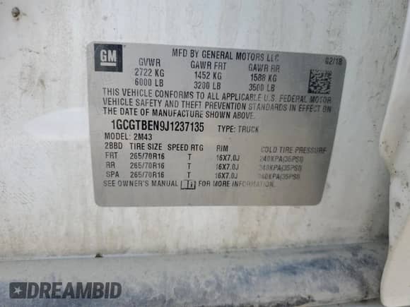 2018 Chevrolet Colorado 4WD Work Truck с VIN 1GCGTBEN9J1237135, выставлен на аукционе Copart как лот 68017825 с пробегом 168 332 миль миль и Списание • Salvage title. История ставок и продаж доступна на DreamBid. Изображение 13.