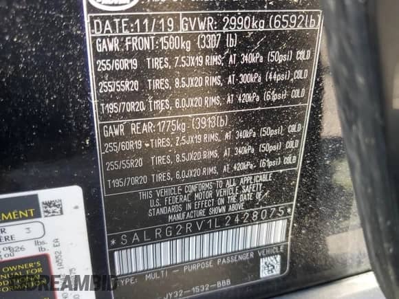 2020 Land Rover Discovery SE with VIN SALRG2RV1L2428075, listed as a Copart auction lot 63180965 with 71,432 mi miles and Salvage title. Bid and sale history available at DreamBid. Image 14.