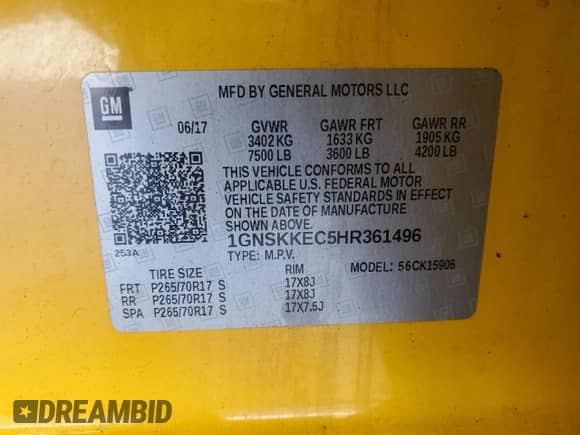 2017 Chevrolet Suburban Commercial with VIN 1GNSKKEC5HR361496, listed as a Copart auction lot 41765925 with 126,516 mi miles and Salvage title. Bid and sale history available at DreamBid. Image 14.