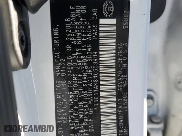 2022 Toyota Camry LE с VIN 4T1C11AK8NU658404, выставлен на аукционе Copart как лот 89670435 с пробегом 30 986 миль миль и Списание • Salvage title. История ставок и продаж доступна на DreamBid. Изображение 12.