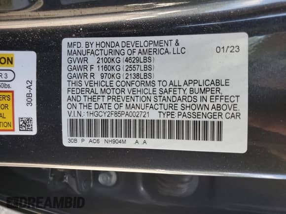 2023 Honda Accord Touring with VIN 1HGCY2F85PA002721, listed as a Copart auction lot 70466515 with 18,040 mi miles and Salvage title. Bid and sale history available at DreamBid. Image 12.