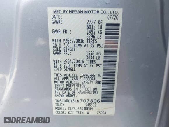 2020 Nissan Frontier SV with VIN 1N6ED0EA5LN707806, listed as a IAAI auction lot 43032308 with 82,073 mi miles and . Bid and sale history available at DreamBid. Image 9.