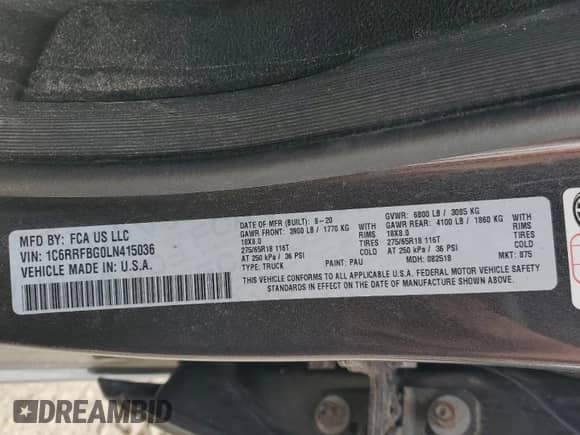 2020 Ram 1500 Big Horn с VIN 1C6RRFBG0LN415036, выставлен на аукционе Copart как лот 59201525 с пробегом 97 557 миль миль и На запчасти • Non repairable. История ставок и продаж доступна на DreamBid. Изображение 12.