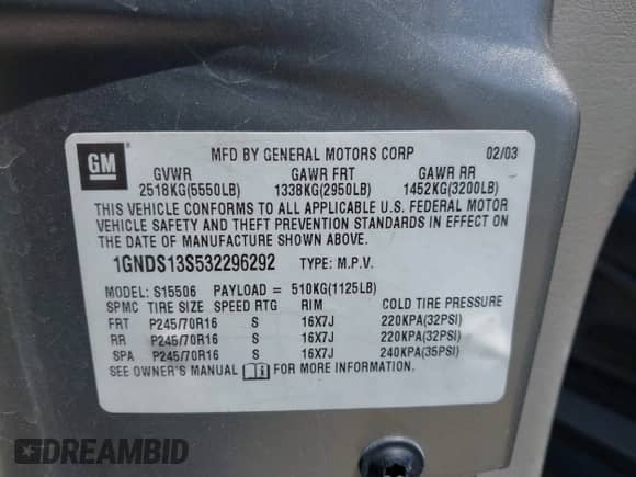 2003 Chevrolet TrailBlazer LT с VIN 1GNDS13S532296292, выставлен на аукционе IAAI как лот 42543708 с пробегом 143 763 миль миль и . История ставок и продаж доступна на DreamBid. Изображение 9.