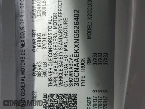 2022 Chevrolet Silverado 1500 Work Truck with VIN 3GCNAAEKXNG526402, listed as a Copart auction lot 70541555 with 77,343 mi miles and Salvage title. Bid and sale history available at DreamBid. Image 12.