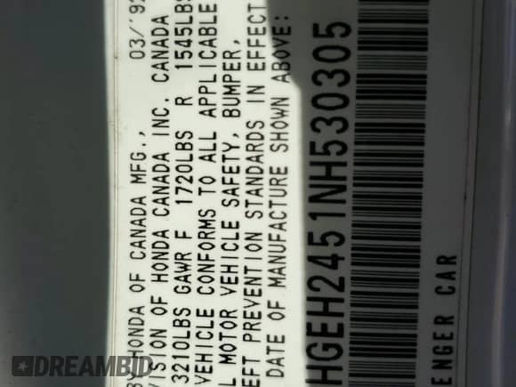 1992 Honda Civic z VIN 2HGEH2451NH530305, wystawiony jako Copart lot #41445345 z przebiegiem 219 951 mil mil oraz Szkoda całkowita • Salvage title. Historia ofert i sprzedaży dostępna na DreamBid. Obrazek 12.