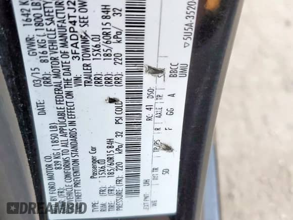 2015 Ford Fiesta S with VIN 3FADP4TJ2FM182000, listed as a Copart auction lot 68381915 with 133,240 mi miles and Salvage title. Bid and sale history available at DreamBid. Image 12.