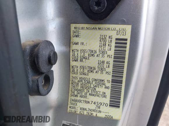 2013 Nissan Frontier S with VIN 1N6BD0CT9DN745970, listed as a IAAI auction lot 41893574 with 199,942 mi miles and . Bid and sale history available at DreamBid. Image 9.