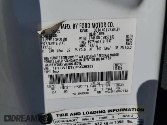 2013 Ford F-150 Lariat with VIN 1FTFW1ET2DKG29352, listed as a Copart auction lot 85422255 with 228,852 mi miles and Clean title. Bid and sale history available at DreamBid. Image 12.