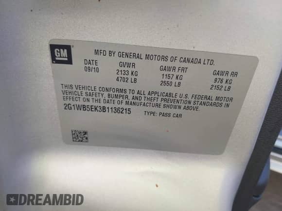 2011 Chevrolet Impala LT Retail with VIN 2G1WB5EK3B1136215, listed as a IAAI auction lot 43389565 with 158,381 mi miles and . Bid and sale history available at DreamBid. Image 9.