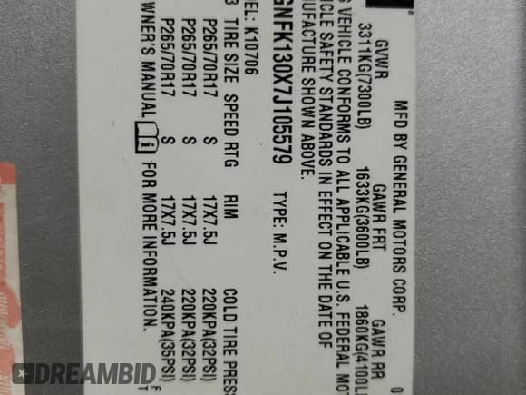 2007 Chevrolet Tahoe LT с VIN 1GNFK130X7J105579, выставлен на аукционе Copart как лот 80573665 с пробегом 211 720 миль миль и Списание • Salvage title. История ставок и продаж доступна на DreamBid. Изображение 13.