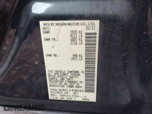 2015 Nissan Altima S z VIN 1N4AL3AP8FC249040, wystawiony jako IAAI lot #43456121 z przebiegiem 151 817 mil mil oraz . Historia ofert i sprzedaży dostępna na DreamBid. Obrazek 9.