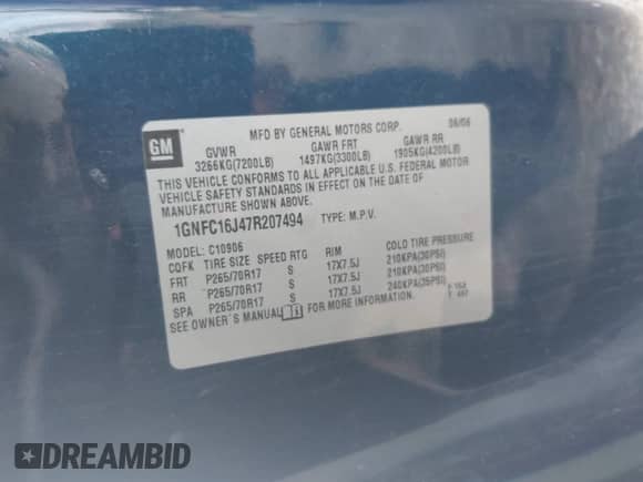 2007 Chevrolet Suburban LS with VIN 1GNFC16J47R207494, listed as a IAAI auction lot 41942690 with Not provided miles and . Bid and sale history available at DreamBid. Image 9.