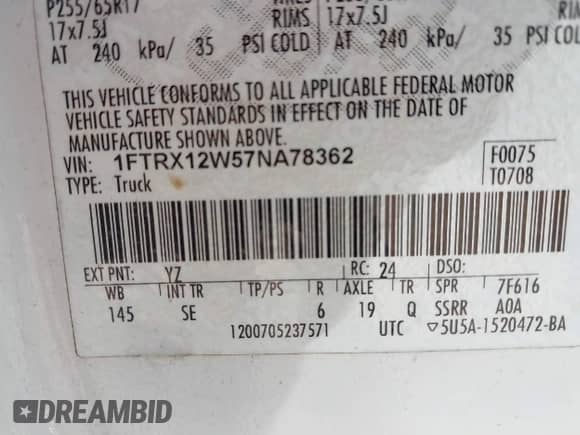 2007 Ford F-150 STX with VIN 1FTRX12W57NA78362, listed as a IAAI auction lot 43396373 with 159,816 mi miles and . Bid and sale history available at DreamBid. Image 9.