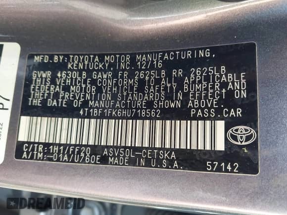 2017 Toyota Camry LE z VIN 4T1BF1FK6HU718562, wystawiony jako IAAI lot #42896824 z przebiegiem 70 914 mil mil oraz . Historia ofert i sprzedaży dostępna na DreamBid. Obrazek 9.