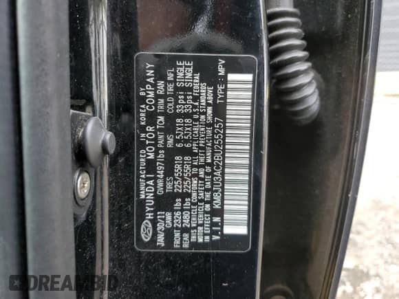 2011 Hyundai Tucson GLS with VIN KM8JU3AC2BU255257, listed as a Copart auction lot 86263575 with 87,862 mi miles and Salvage title. Bid and sale history available at DreamBid. Image 13.